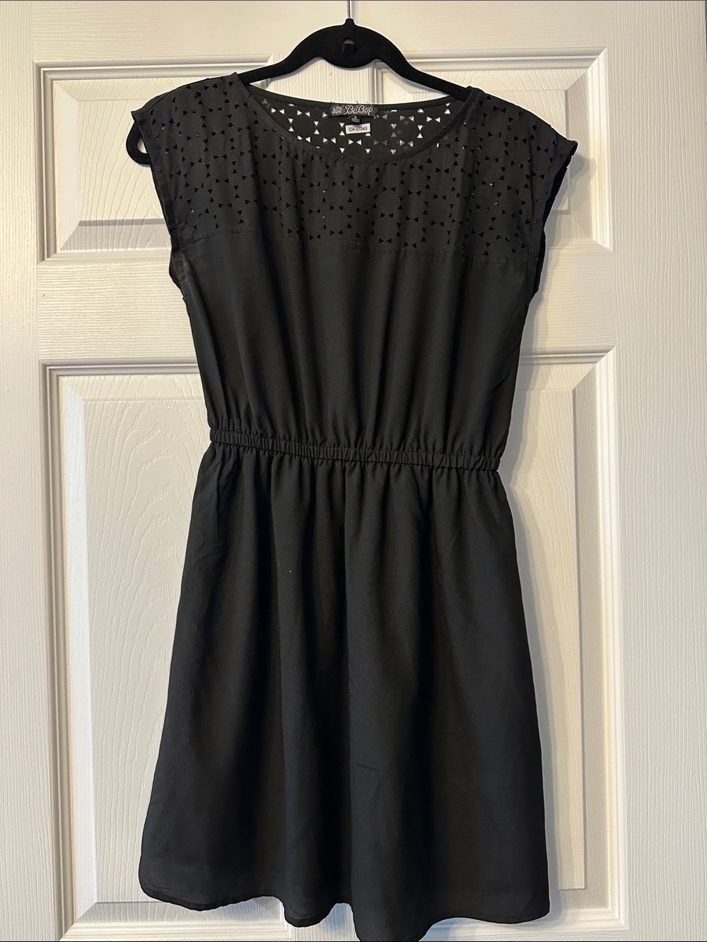 BeBop Black Laser-Cut Yoke Elastic Waist Mini Dress